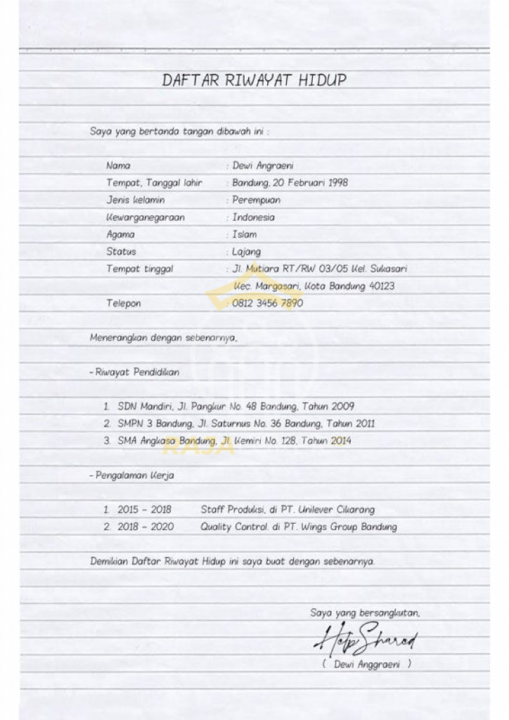 Contoh Daftar Riwayat Hidup Tulis Tangan